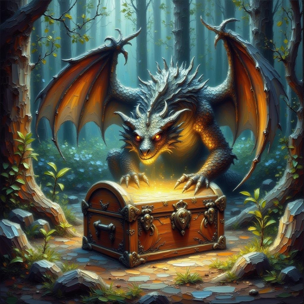 Dragon Guarding Bioluminescent Treasure Chest
