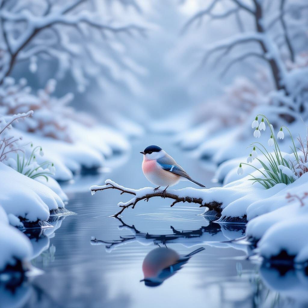 Serene Winter Bird Scene with Reflective Stream