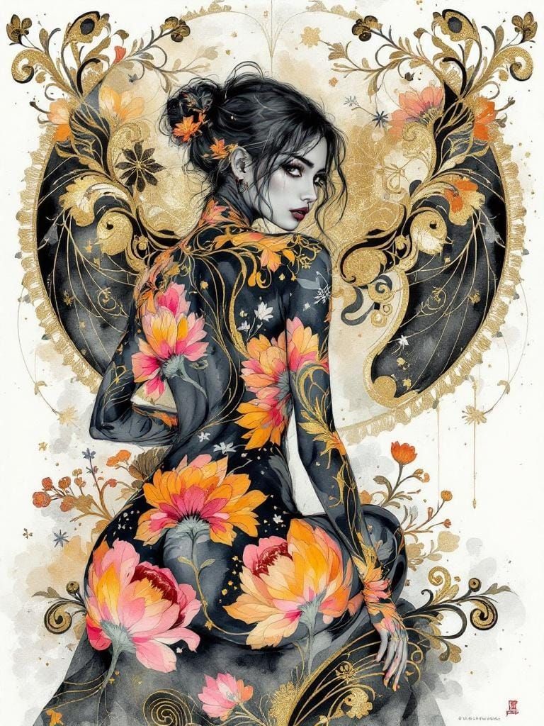 Ethereal Woman Merging with Ornate Floral Wall Art
