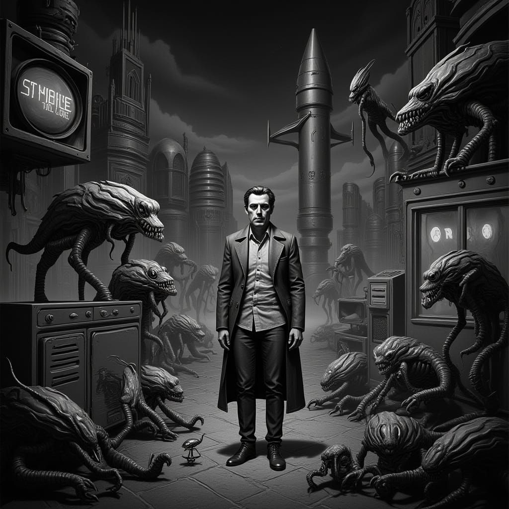 Retro Sci-Fi Cityscape with Mad Scientist