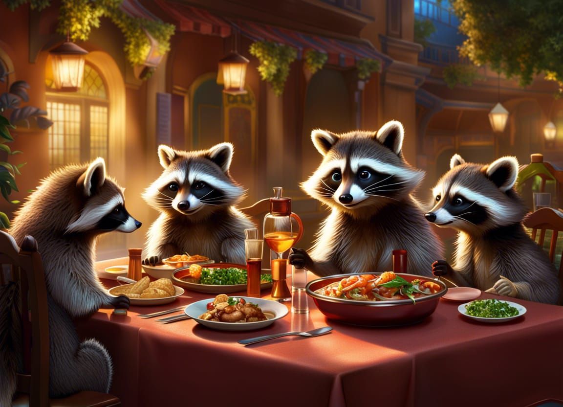 Raccoon Family Eating at a Italian Restaurant