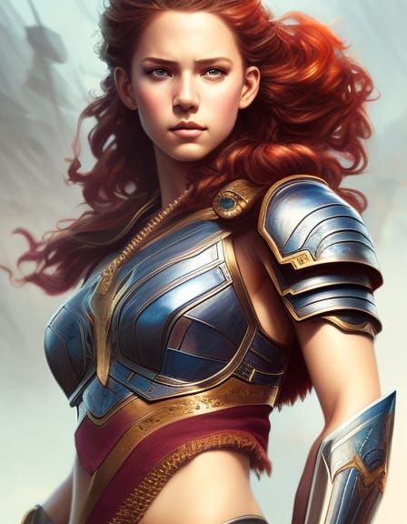 Warrior girl with wavy red hair 44