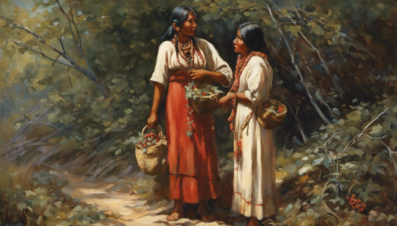 Native American Women Gathering Berries, Oil Painting