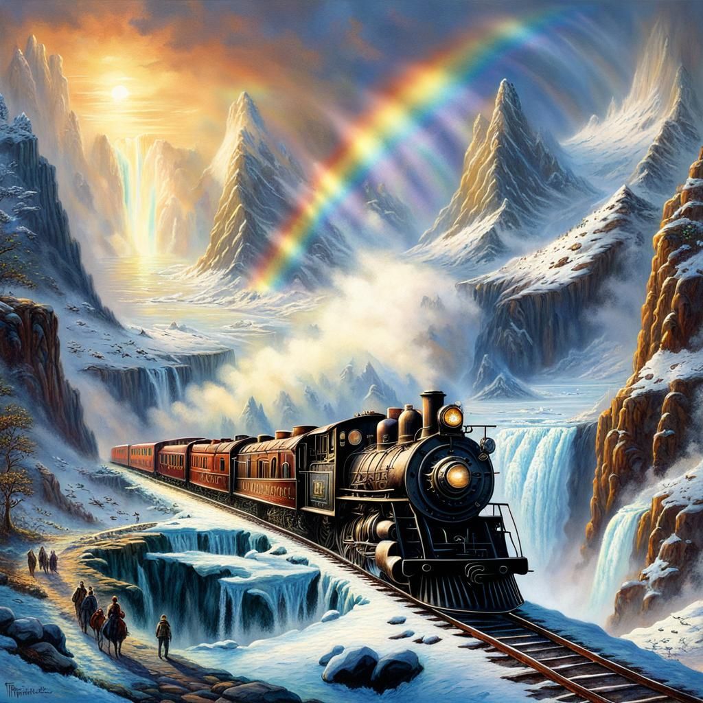 Steampunk Trains in Antarctica with Rainbow Waterfall