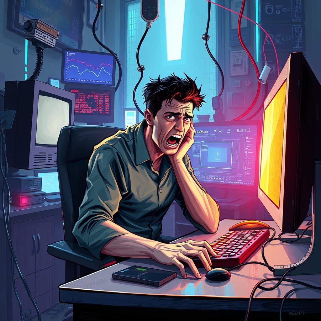 Overwhelmed Person at Computer in Digital Painting Style