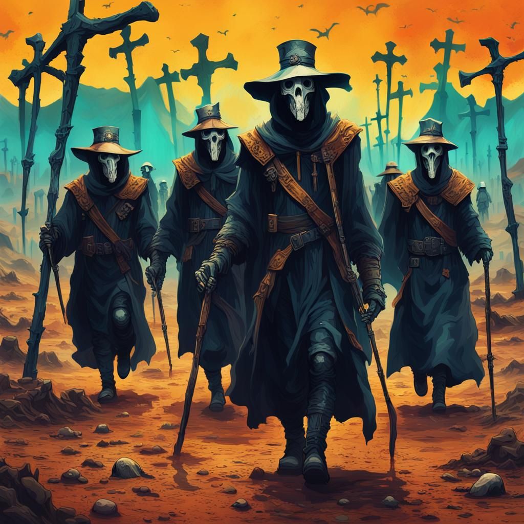 A row of menacing plague doctors with intimidating masks wal...