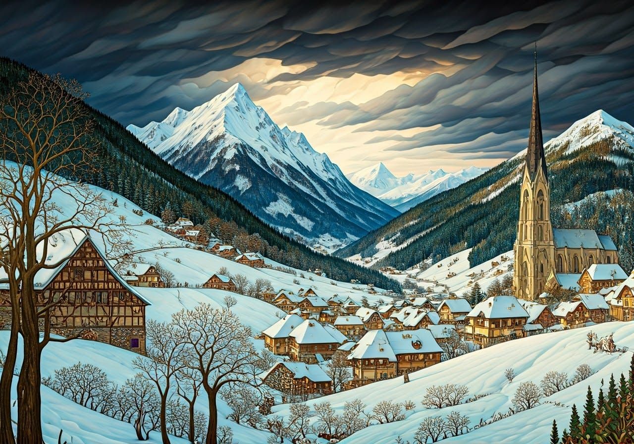 Epic Winter Landscape with Gothic Village