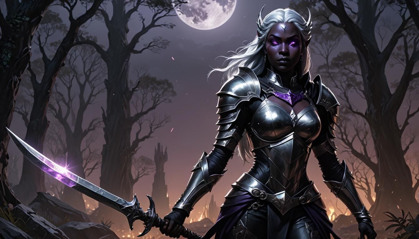 Drow Huntress Guarding Ancient Ruins in Digital Art