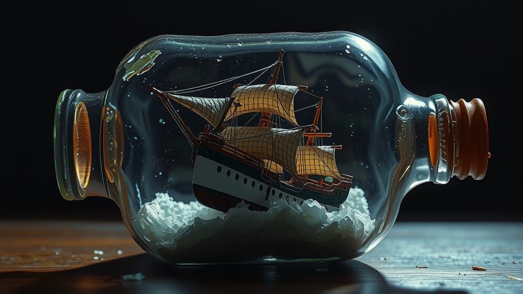 Tiny Ship in Glass Bottle Weathering a Storm