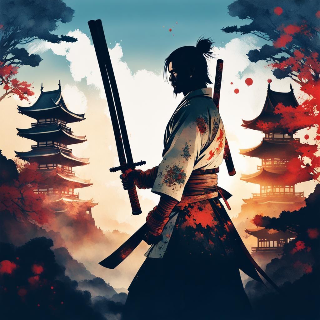 Samurai Double Exposure Portrait with Japanese Castle