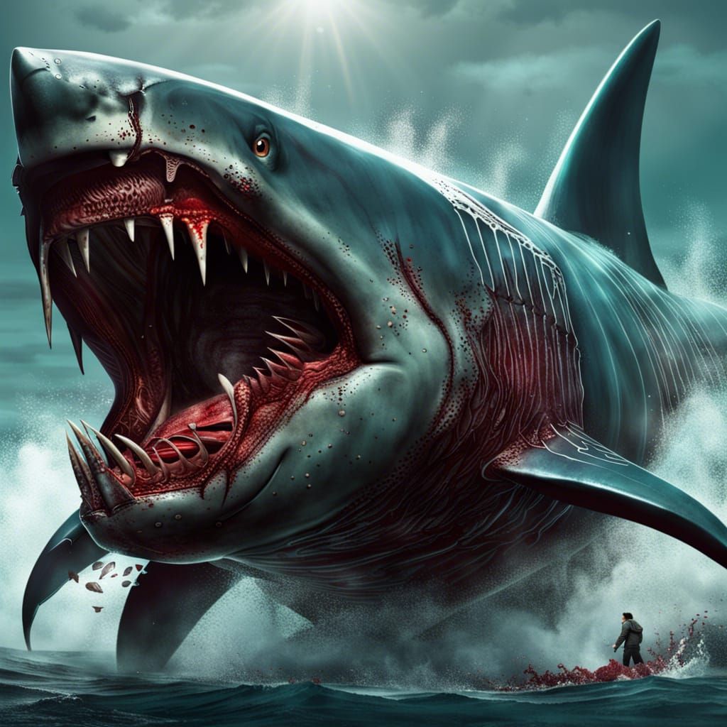 Robotic Megalodon in Ocean: Detailed Metal Rendering