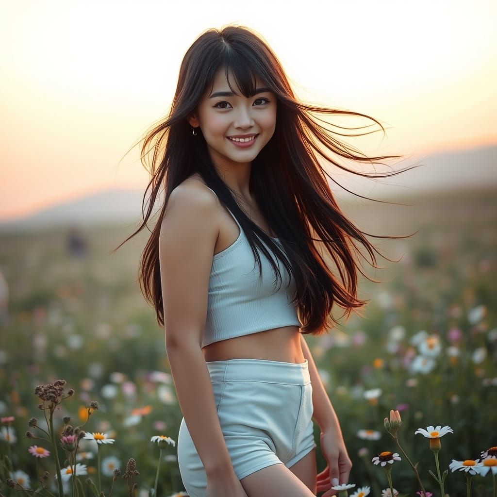 Smiling Japanese Woman in Wildflower Field at Dawn