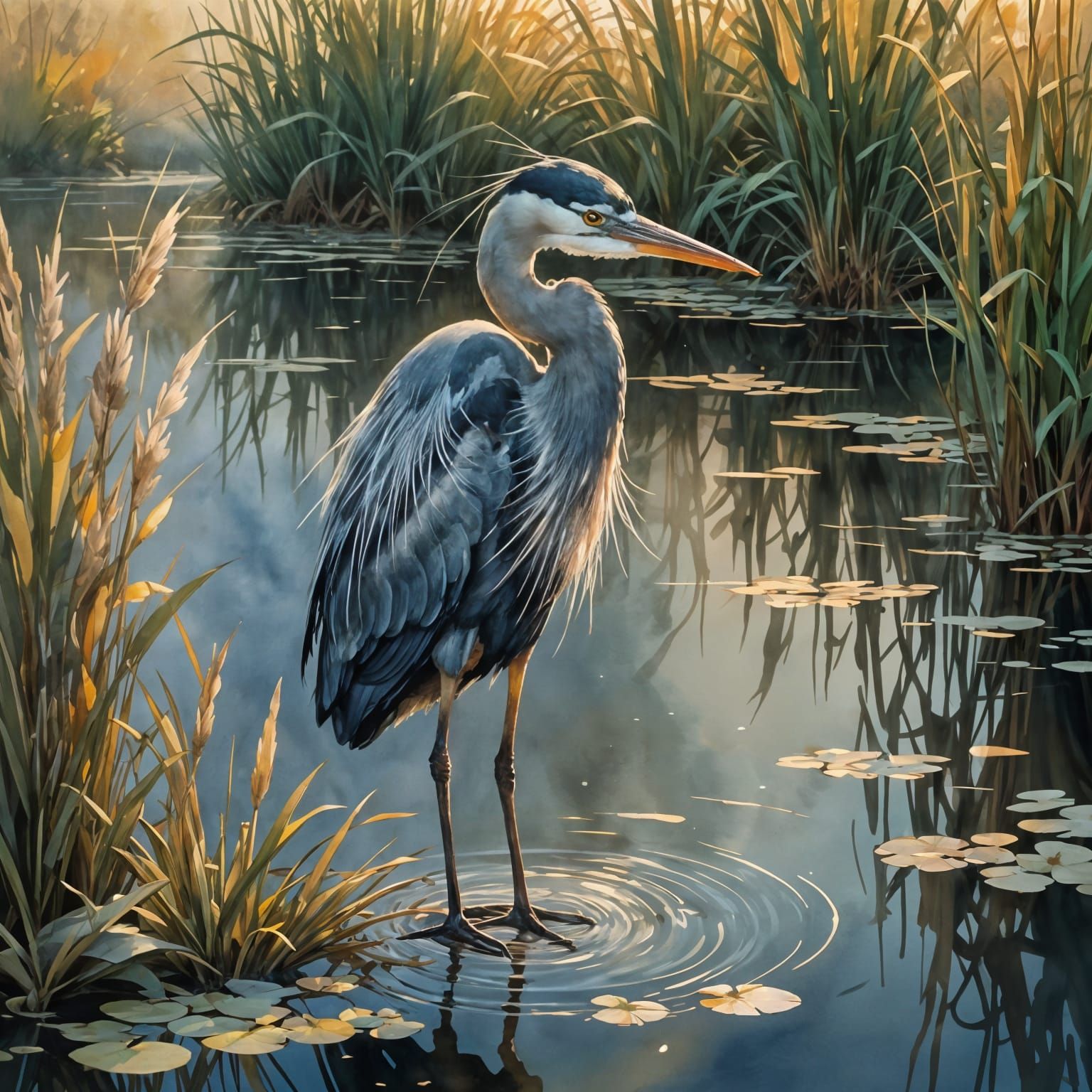 Heron in Reeds at Sunrise: Watercolor Concept Art
