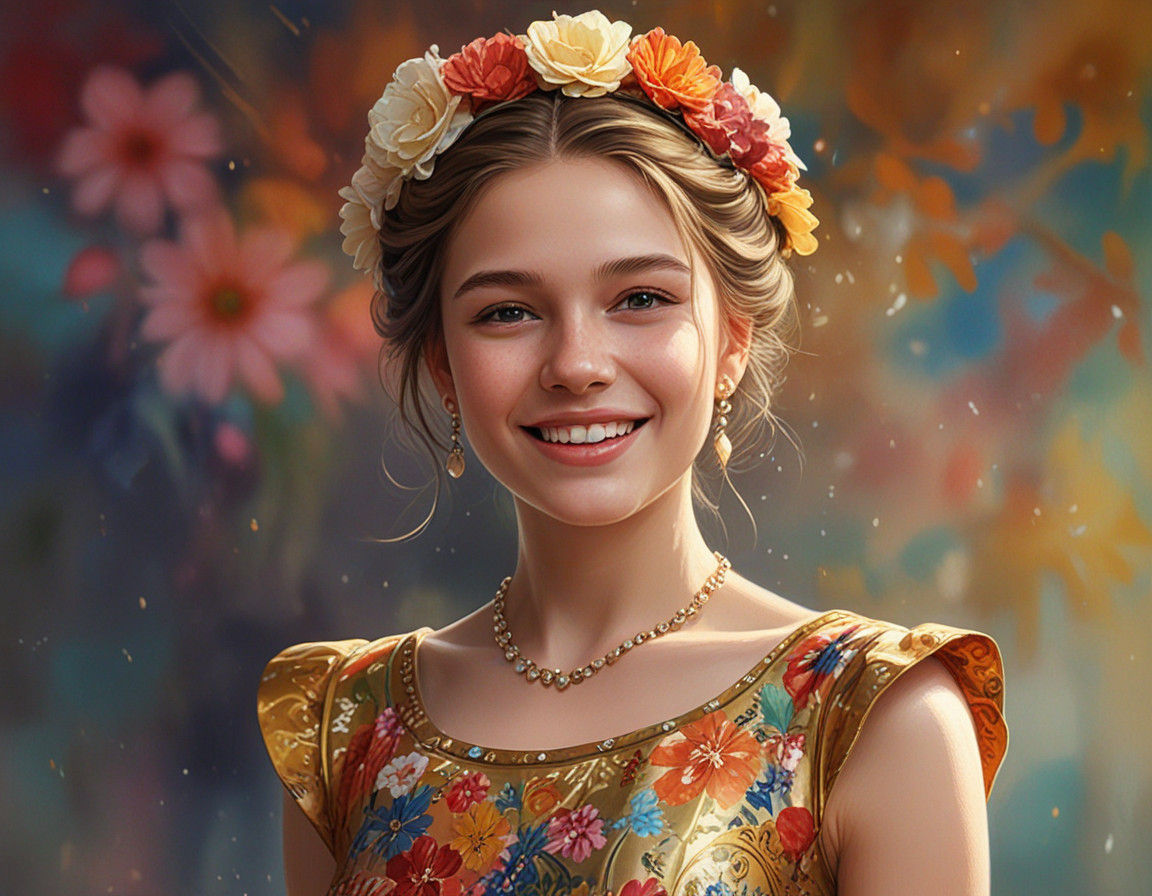 Elegant Young Girl in Vibrant Floral Dress