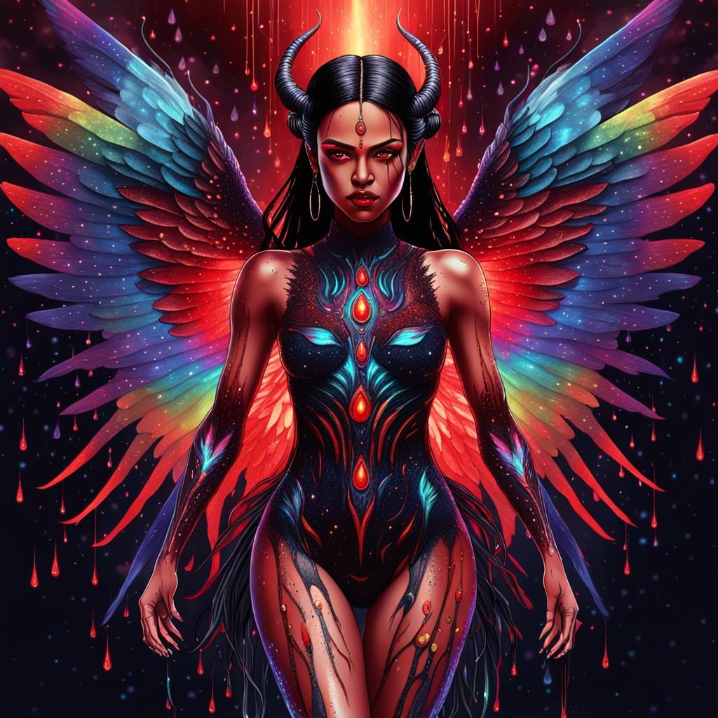 Creepy Cosmic Goddess with Red Eyes and Wings