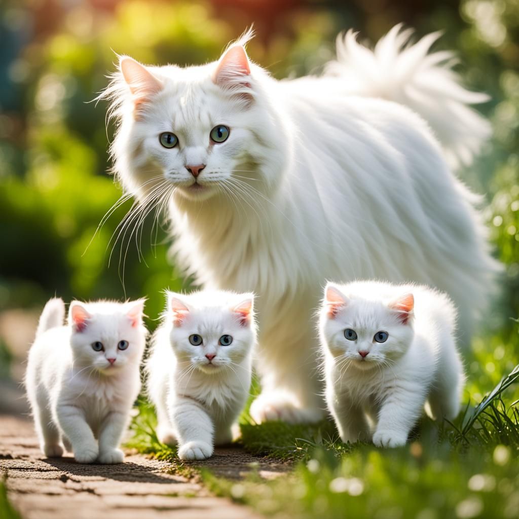 Angora Cat and Kittens in Garden Photo