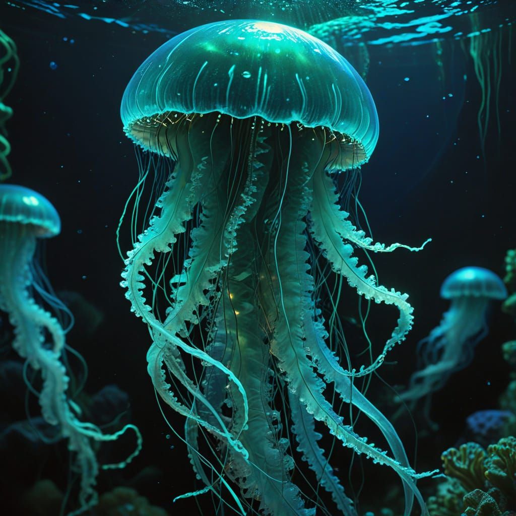 Bioluminescent Jellyfish Glides Through Deep-Sea Darkness