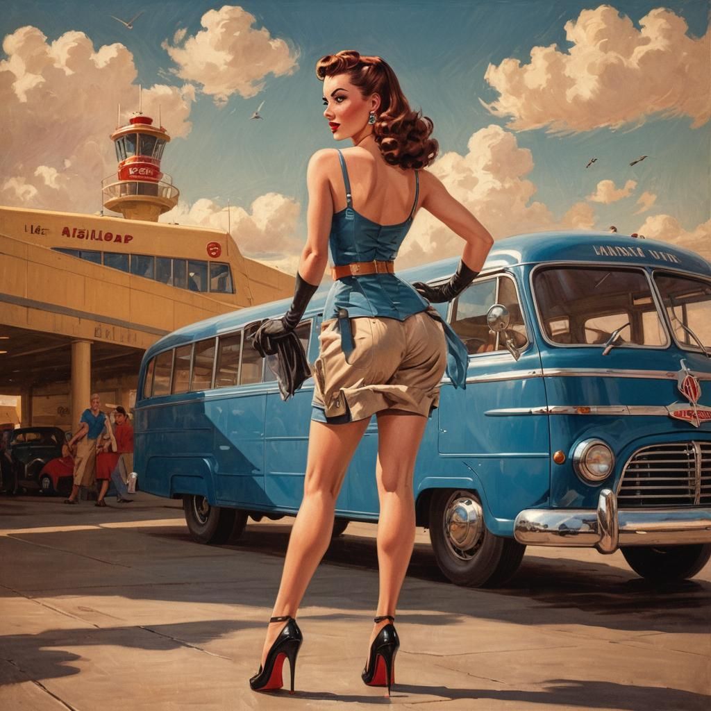 1940s Pin-Up Girl at 1950s Airport Bus
