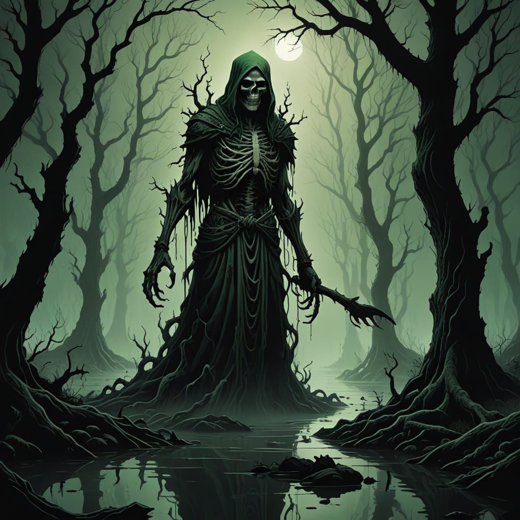 Dark Fantasy Hermit in Gothic Horror Swamp Scene
