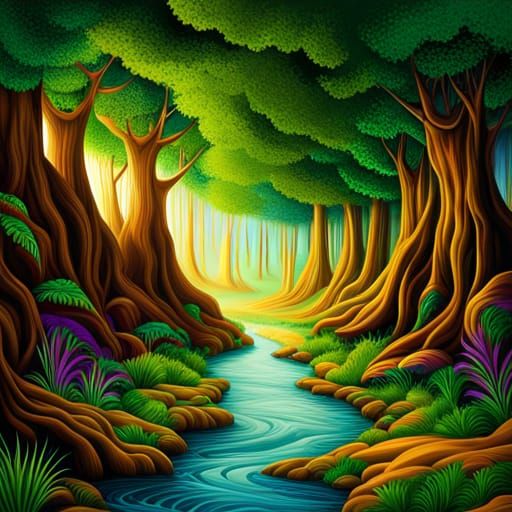 Enchanted Forest with Unicorn: Abstract Vector Art