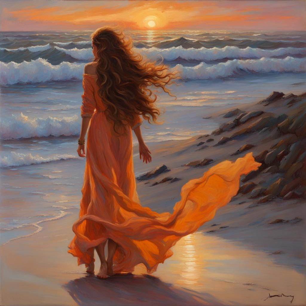 Woman in Flowing Dress at Beach Sunset, Gurney Style