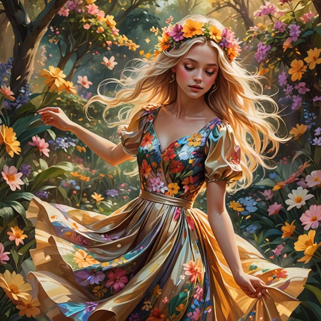 Blond Flower Girl Dancing in Lush Garden