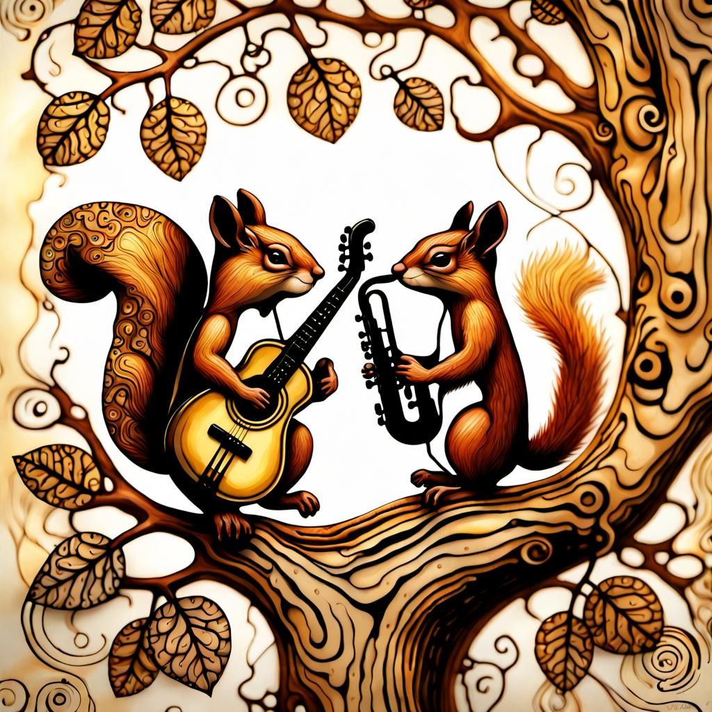 Squirrels Play Music: Filigree Artwork in Klimt Style