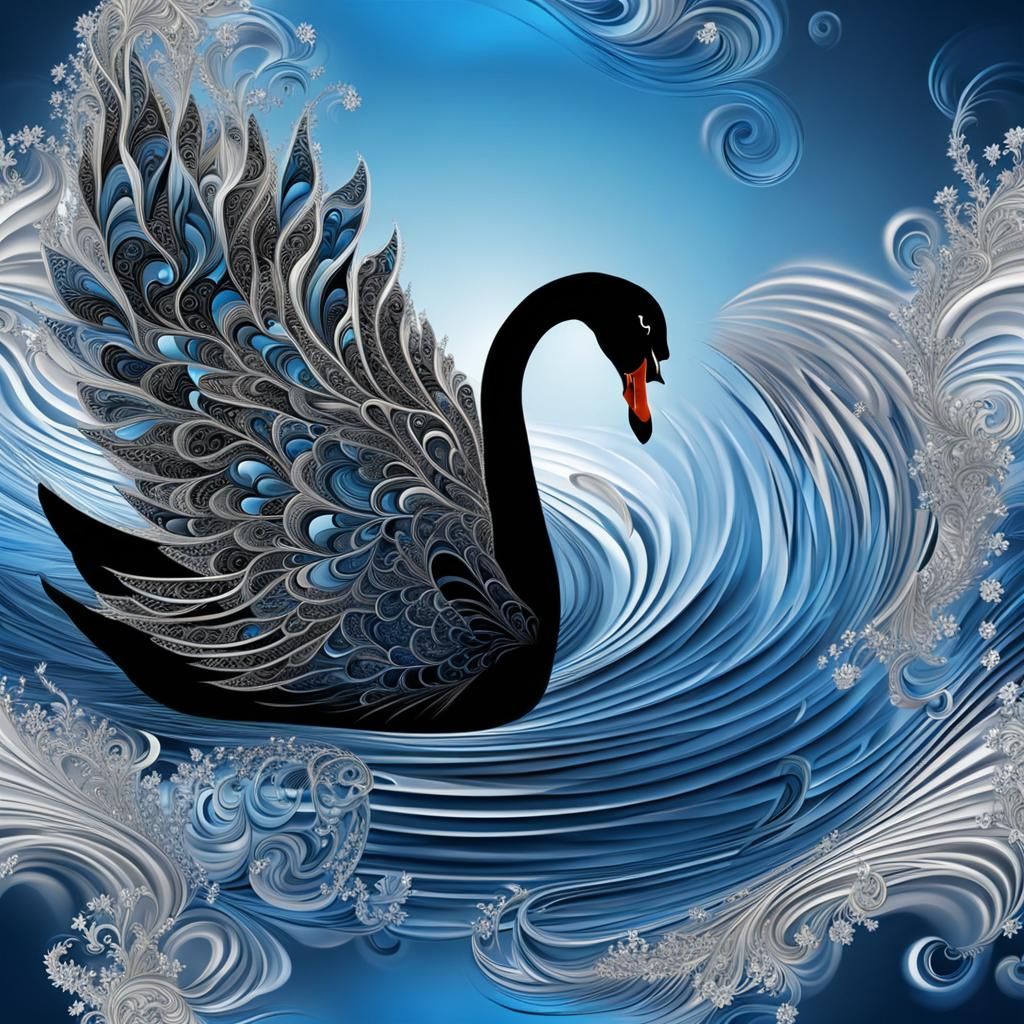 Elegant Black Swan in Blue Water: 3D Fractal Art