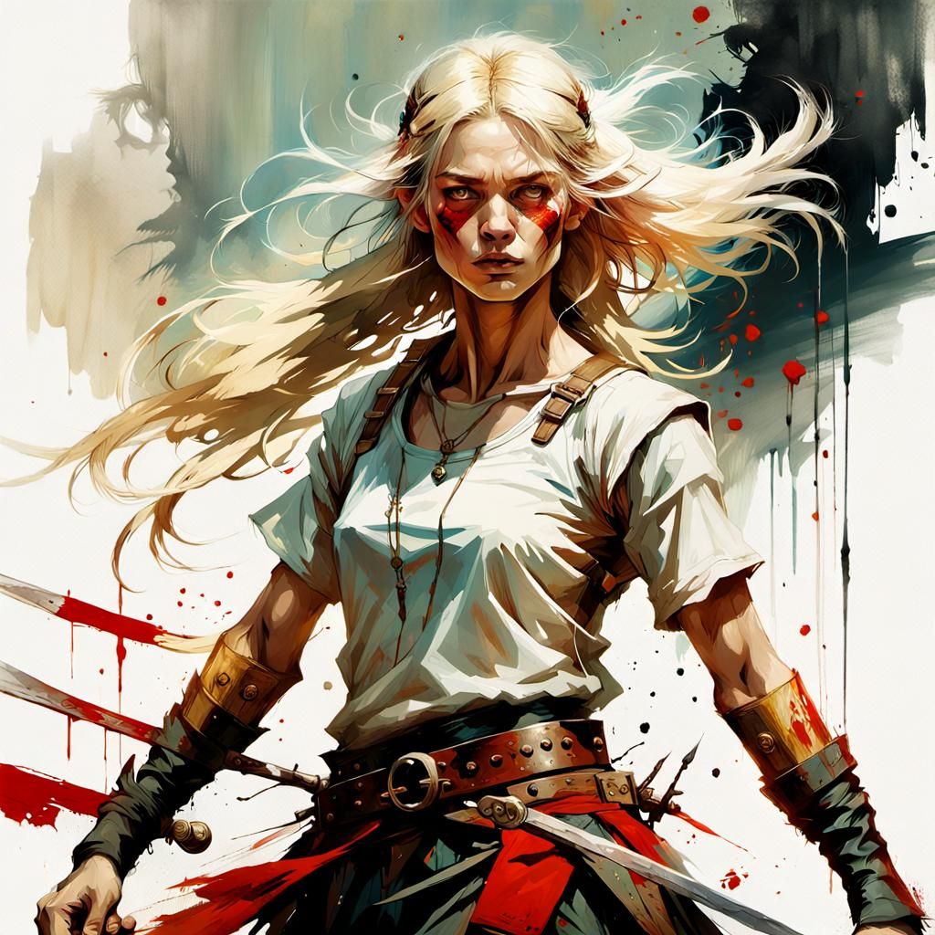 Blonde Assassin in Highland Games, Digital Airbrush Art