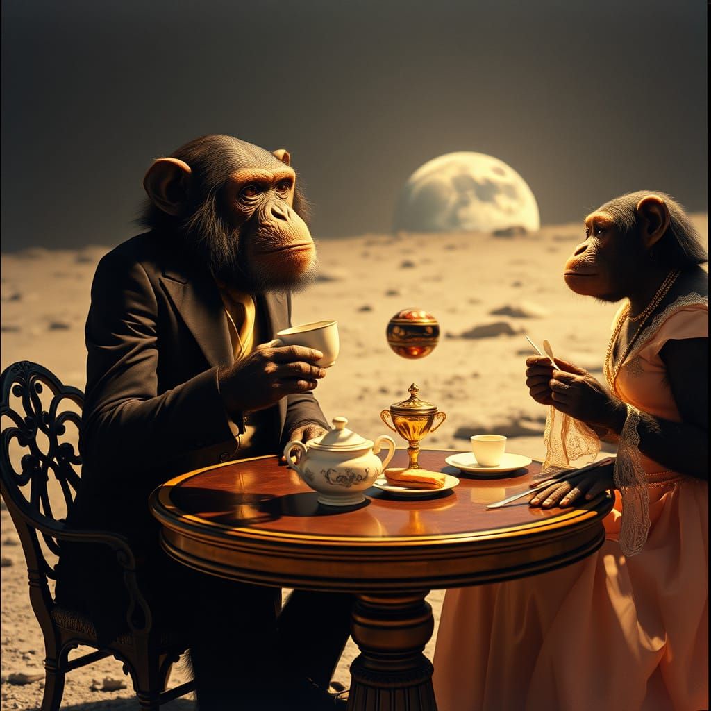 Dapper Chimps Enjoy Moonlit Tea in Cinematic Style
