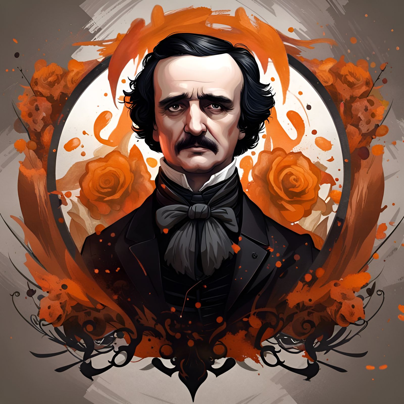 Gothic Portrait of Edgar Allan Poe in Black and Orange