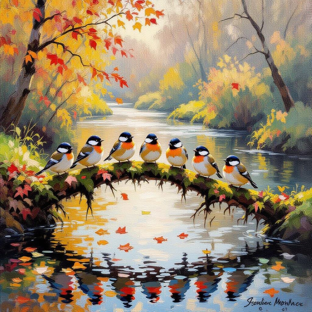 Impressionistic Oil Painting of Birds Watching Autumn Leaves