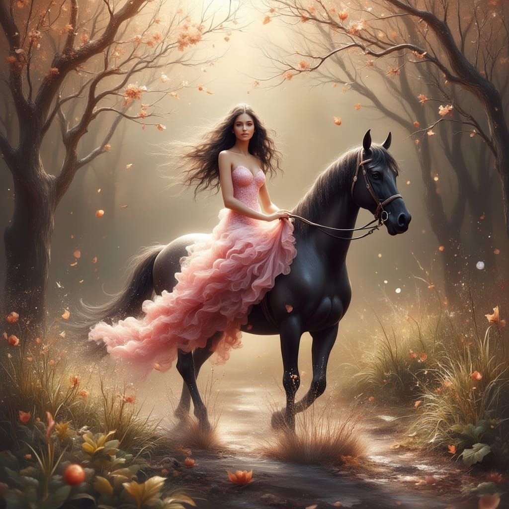 Woman Rides Stallion Through Forest in Ethereal Style