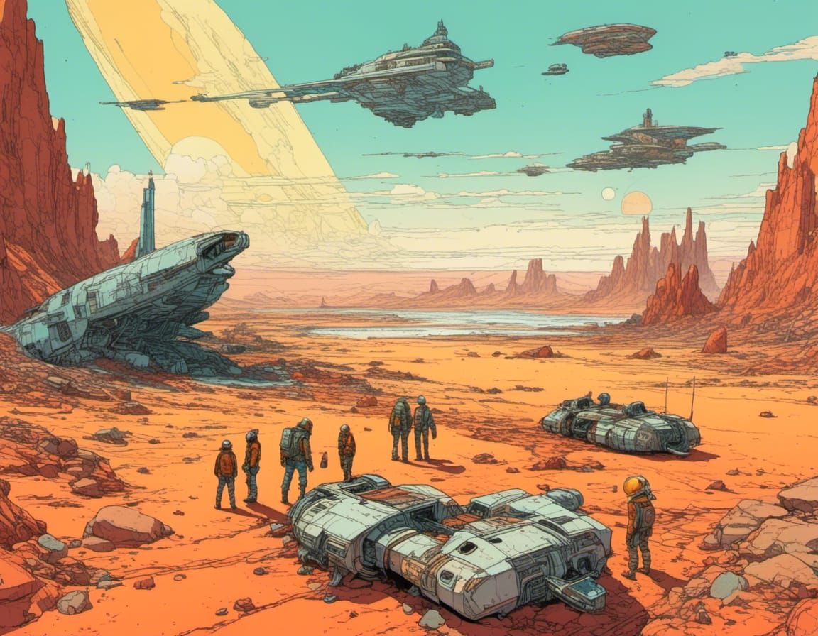 Moebius Inspired Landing Craft in Barren Landscape