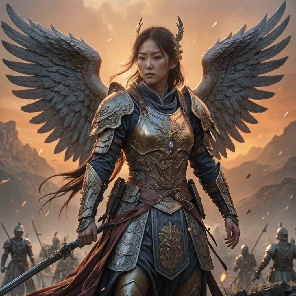 Korean Warrior with Angel Wings on Battlefield