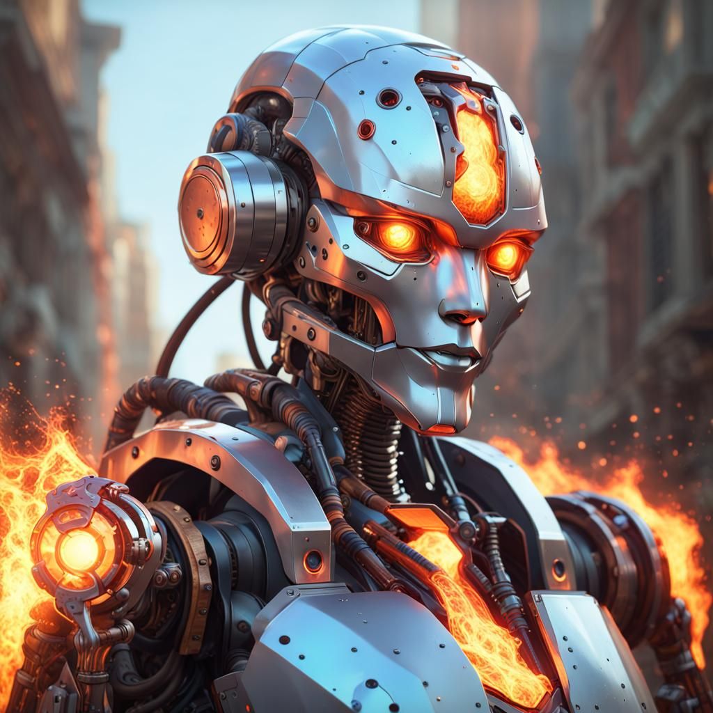 Hyperdetailed Robot Portrait with Flamethrower