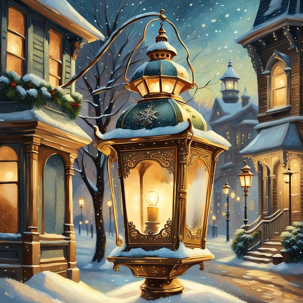 Victorian Lantern on Snowy Street as Oil Painting