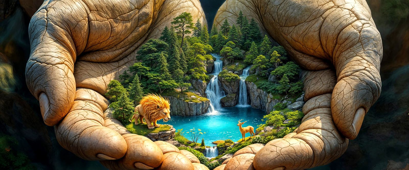 Miniature World Held by Giant Stone Hands