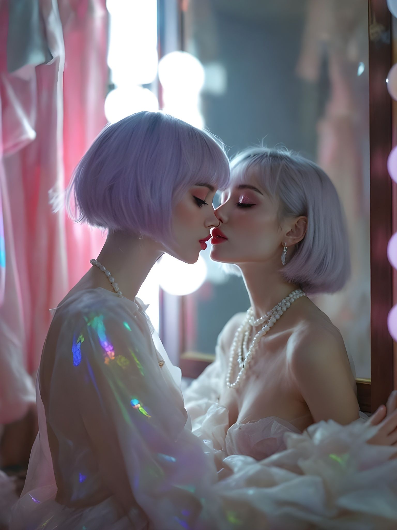 Woman with Glitter Tears in Dreamlike Pastel Lighting