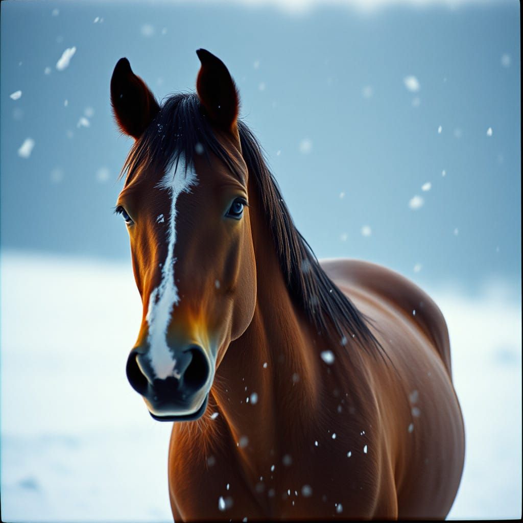 Horse in Snowy Cinematic Landscape