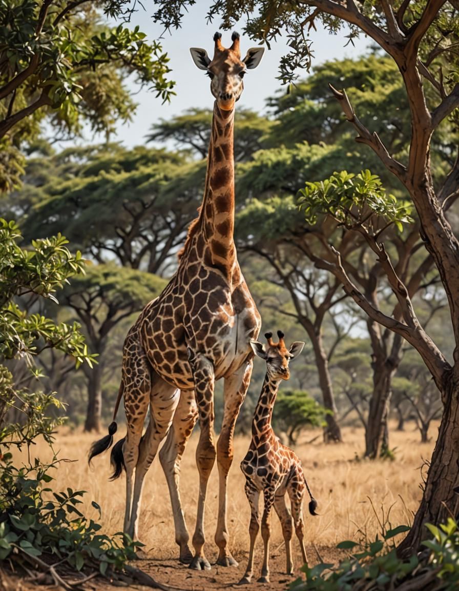 A Giraffe Family Reaches for the Tropics in a Vibrant Africa...