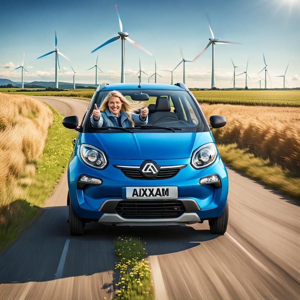 Happy Woman in Blue Car with Wind Turbines