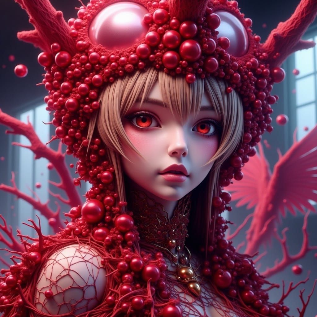 Shimmering Figure with Metallic Eyes in Electric Red