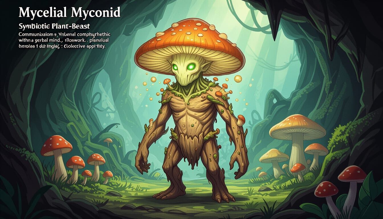 Mycelial Myconid: Fungal Humanoid with Bioluminescent Glow