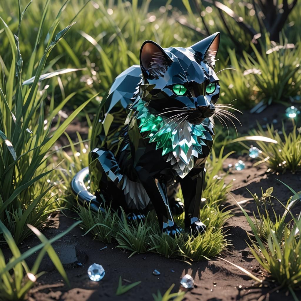 Obsidian Cat Hunts Emerald Mouse: Crystal Sculpture Art