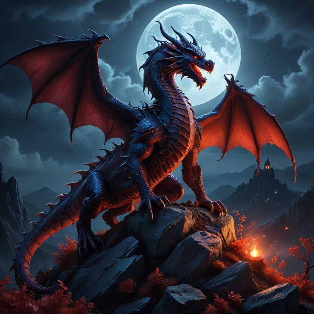 Majestic Red Dragon on Hill Under Full Moon