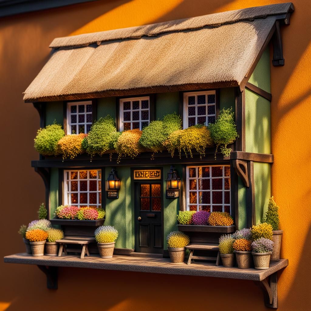 Miniature Thatched Roof Pub: Hyperrealistic Concept Art