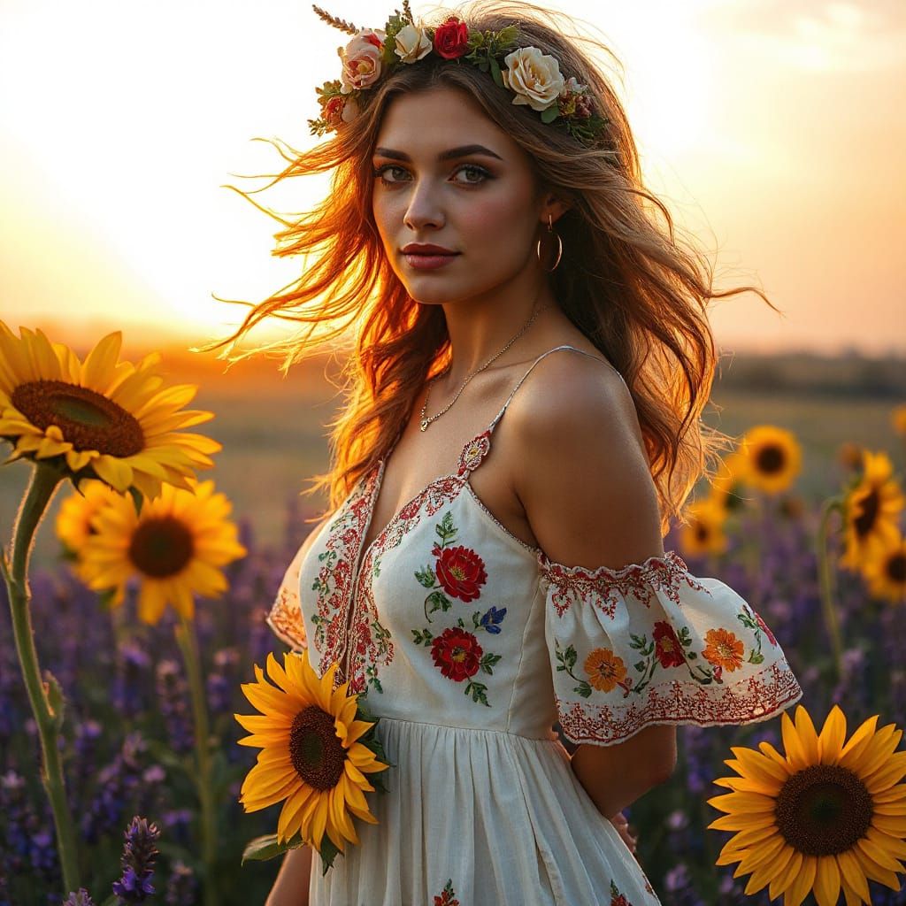 Bohemian Woman in Sunflowers At Golden Hour