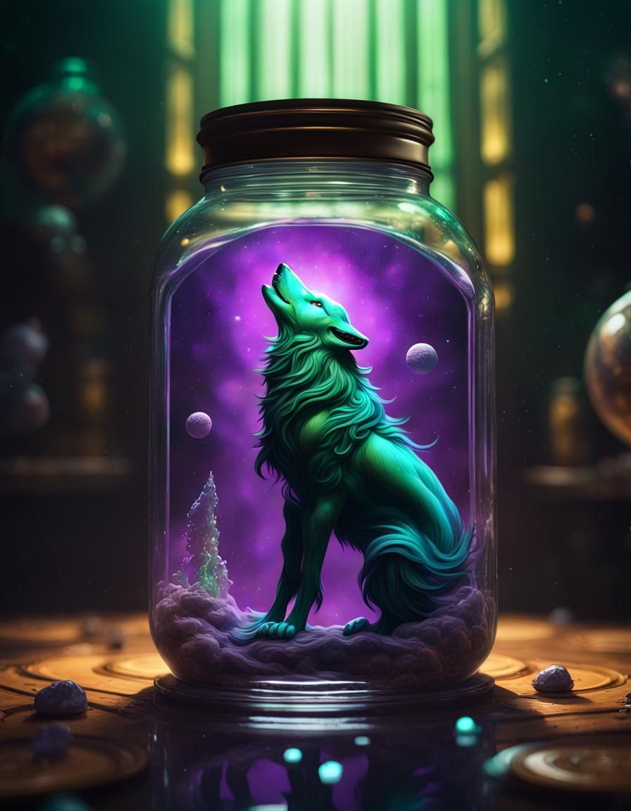 Green Wolf in Heart Jar: Dark Fantasy Art