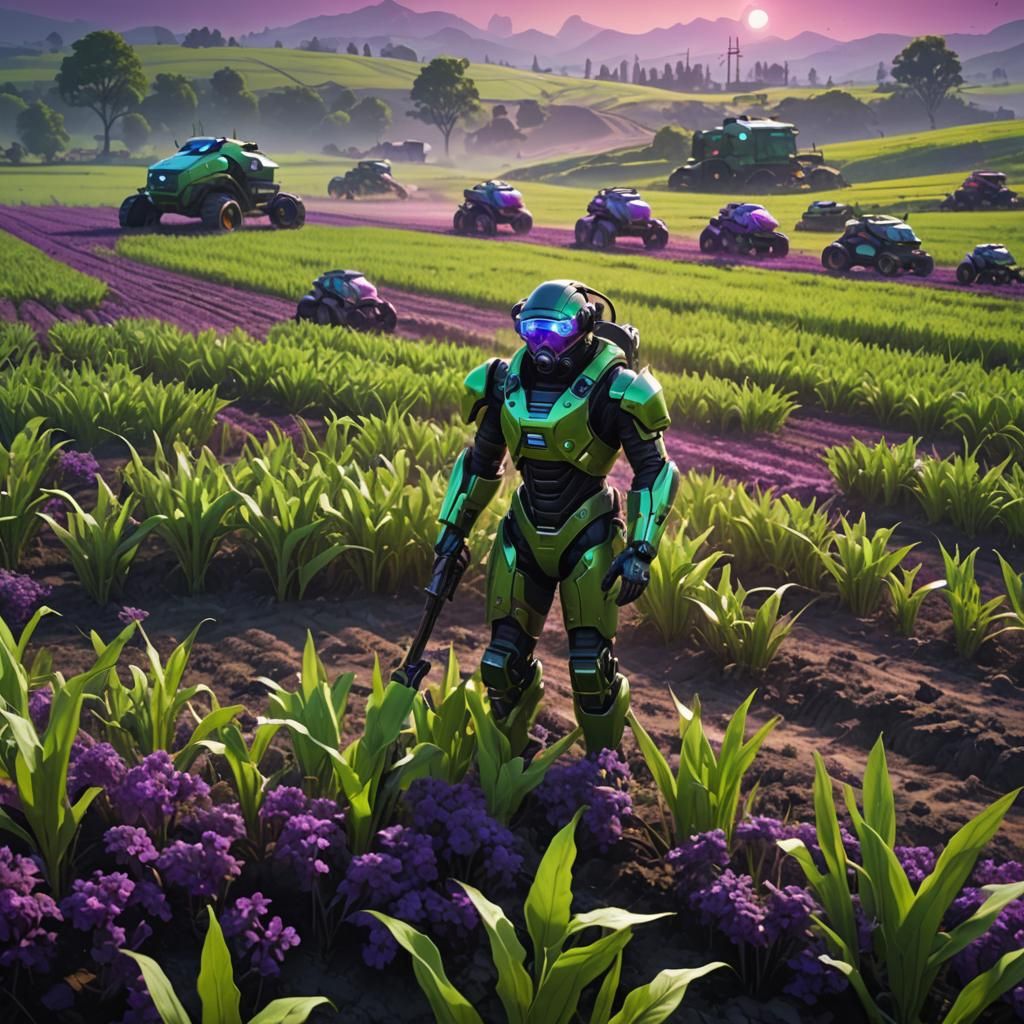 Futuristic Farmers Harvesting Glowing Crops in Fantasy Field
